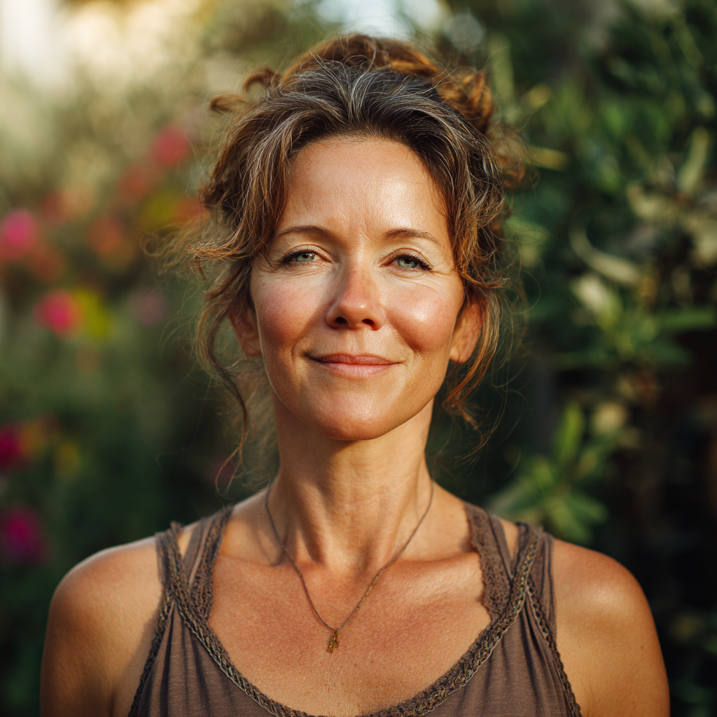 Peaceful middle-aged European woman with warm smile meditating in lotus position, wearing comfortable yoga clothes, soft natural lighting, serene expression