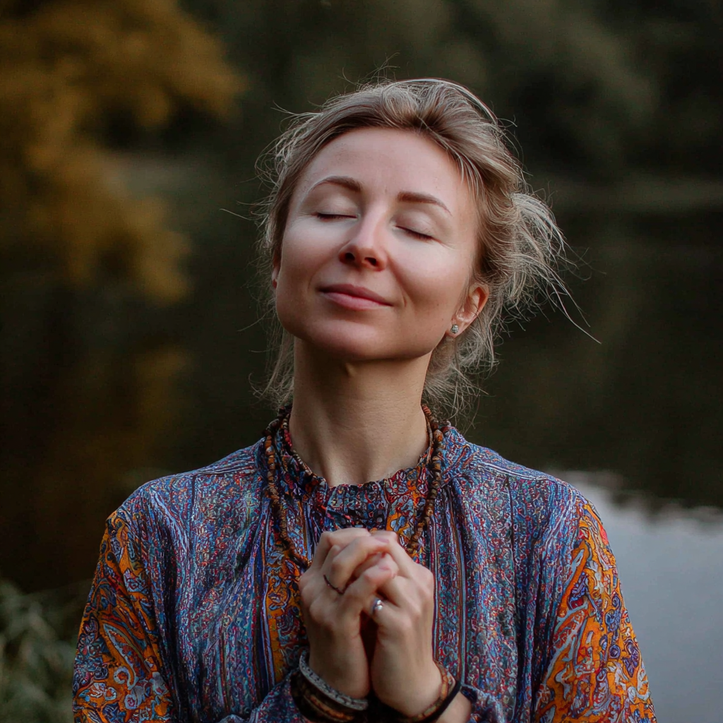 Serene European woman in her 40s with gentle smile practicing yoga outdoors, wearing earth-tone yoga attire, peaceful garden background, soft morning light