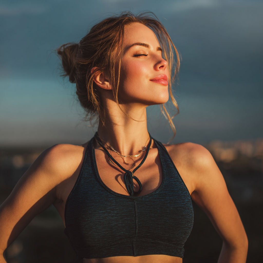 Happy European woman in her 30s with bright smile doing yoga pose on mat, wearing comfortable sportswear, studio setting with natural light, confident and healthy appearance