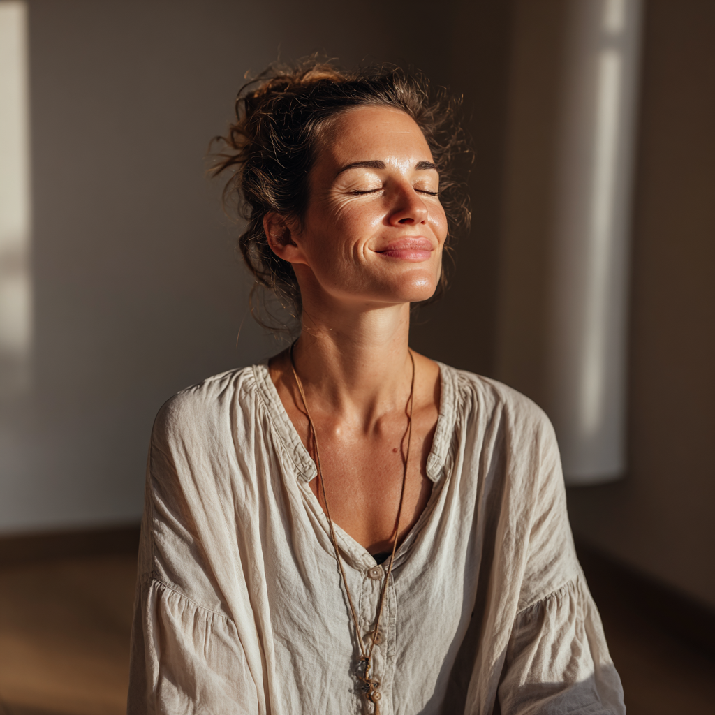 Confident middle-aged European woman with radiant smile in mountain pose, wearing elegant yoga outfit, peaceful outdoor setting, embodying strength and wellness